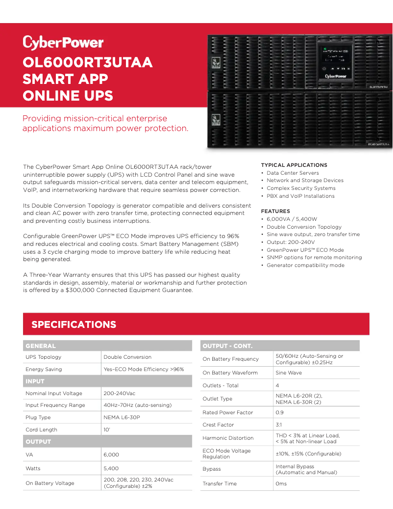 Page 1 de la notice Fiche technique CyberPower OL6000RT3U