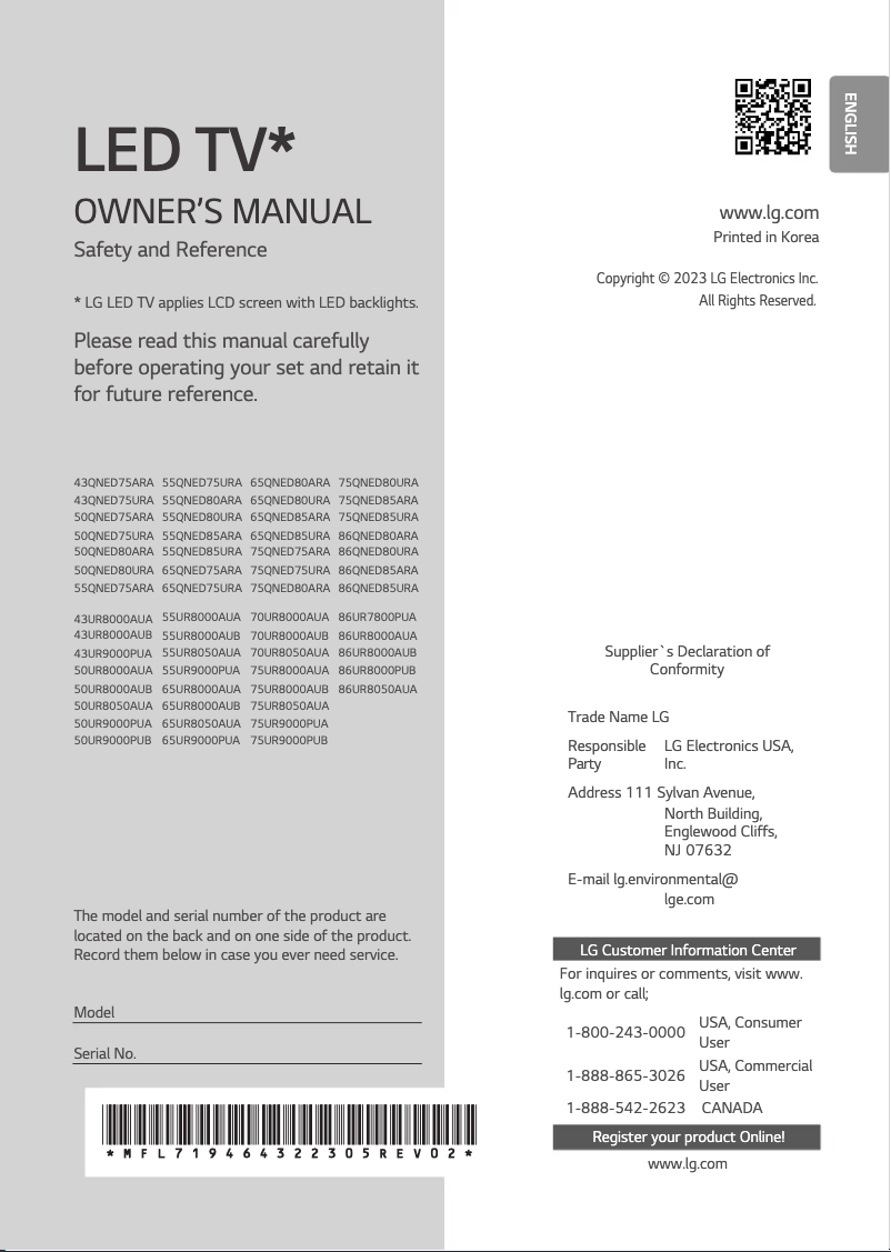 Page 1 de la notice Manuel utilisateur LG 50UR9000PUA