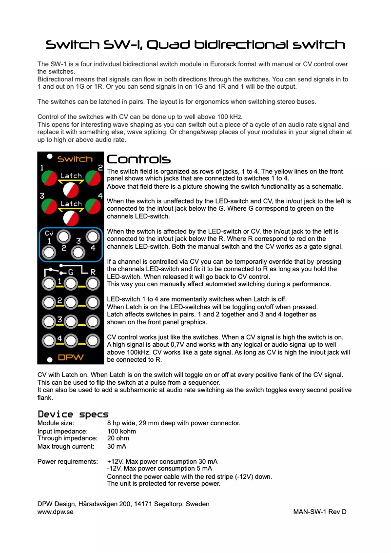 Page n°1 - Manuel utilisateur DPW Design Switch
