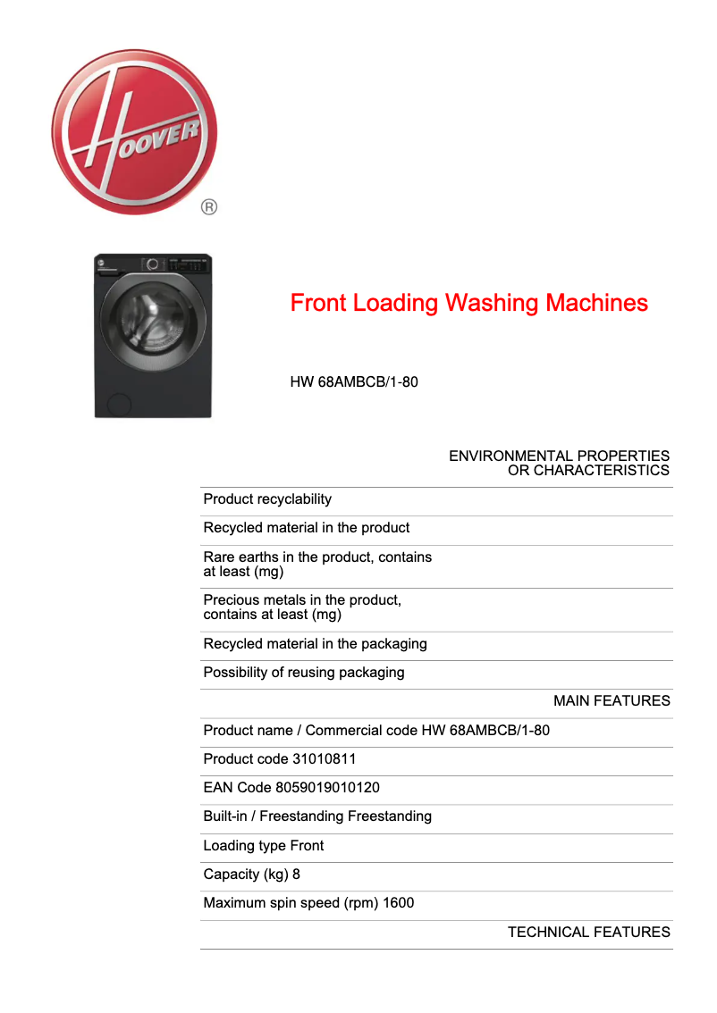 Page 1 de la notice Fiche technique Hoover HW 68AMBCB/1-80