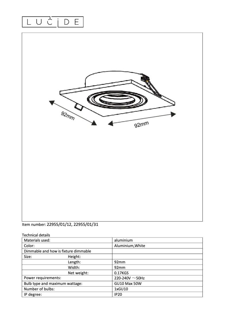 Page n°1 - Manuel utilisateur Lucide Tube 22955/01/31