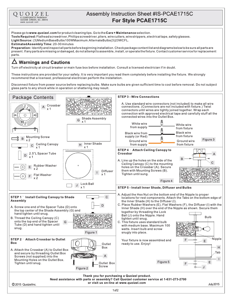 Page 1 de la notice Manuel utilisateur Quoizel PCAE1715C