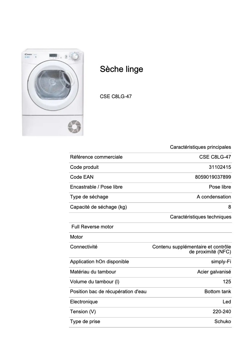 Page 1 de la notice Fiche technique Candy CSE C8LG-47