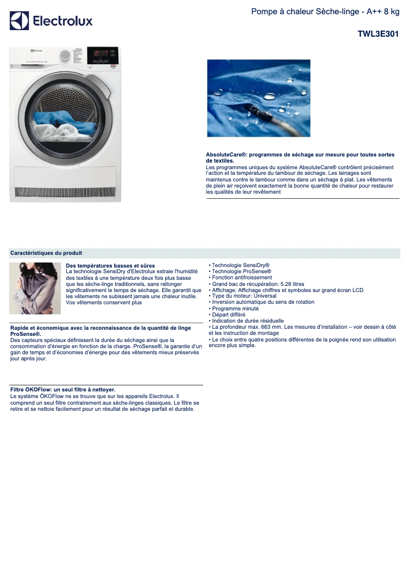 Page 1 de la notice Fiche technique Electrolux TWL3E301