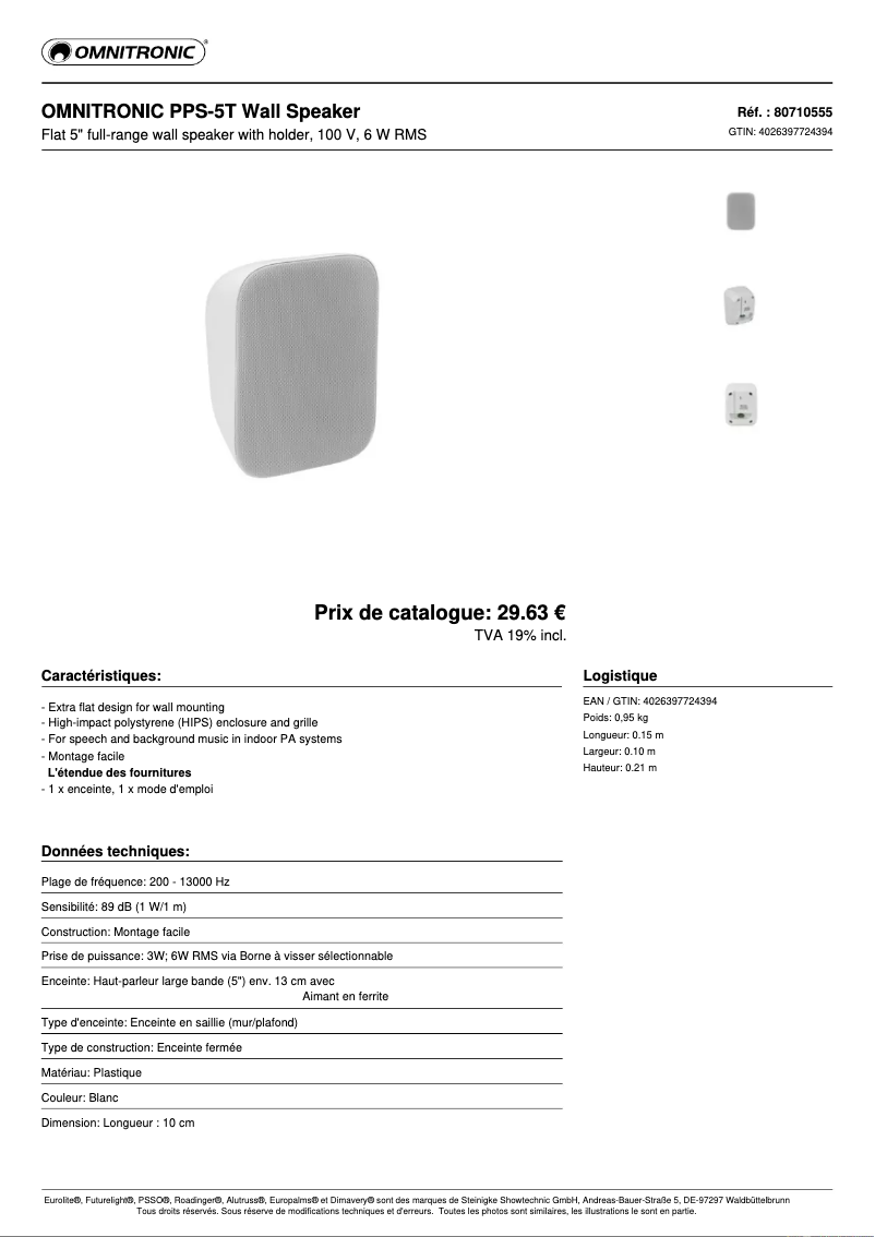 Page n°1 - Fiche technique Omnitronic PPS-5T