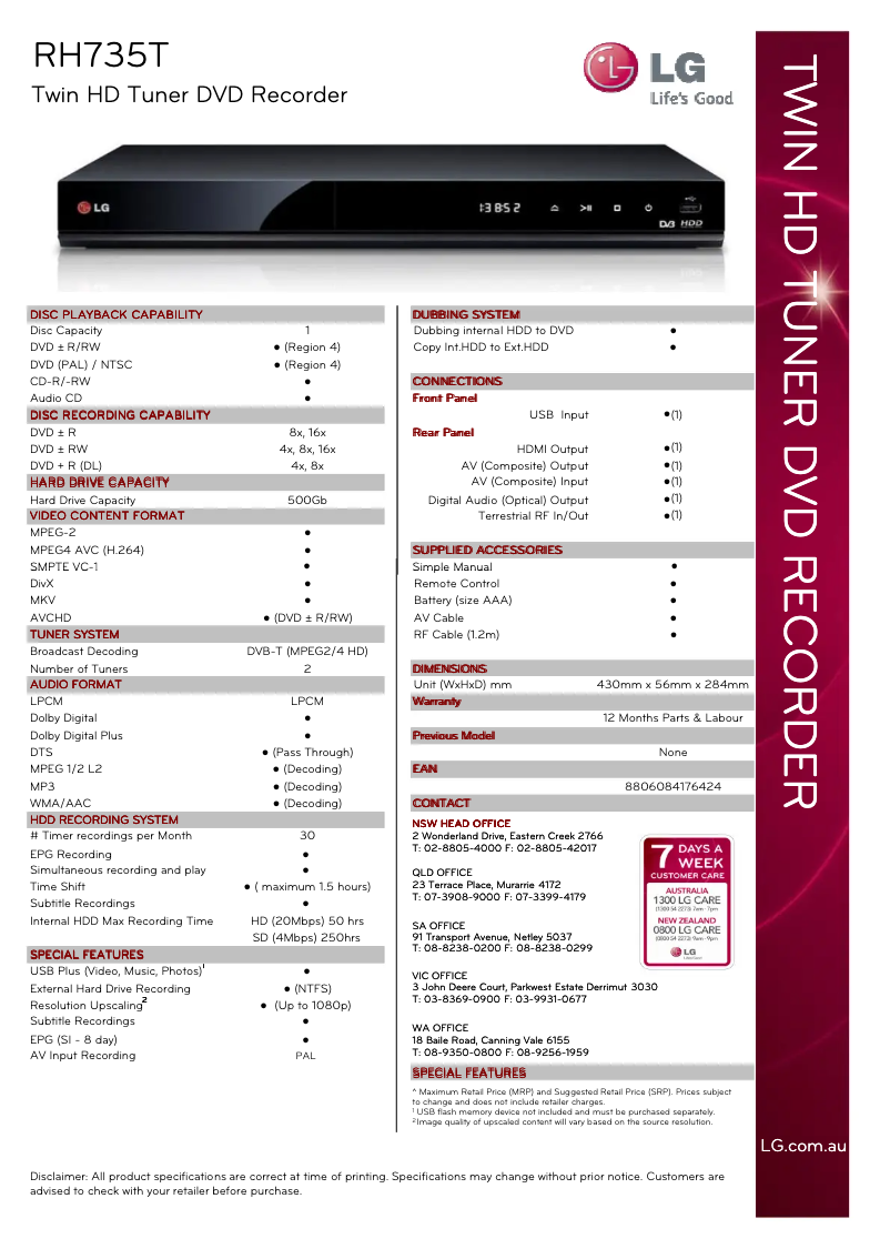 Page 1 de la notice Fiche technique LG RH735T
