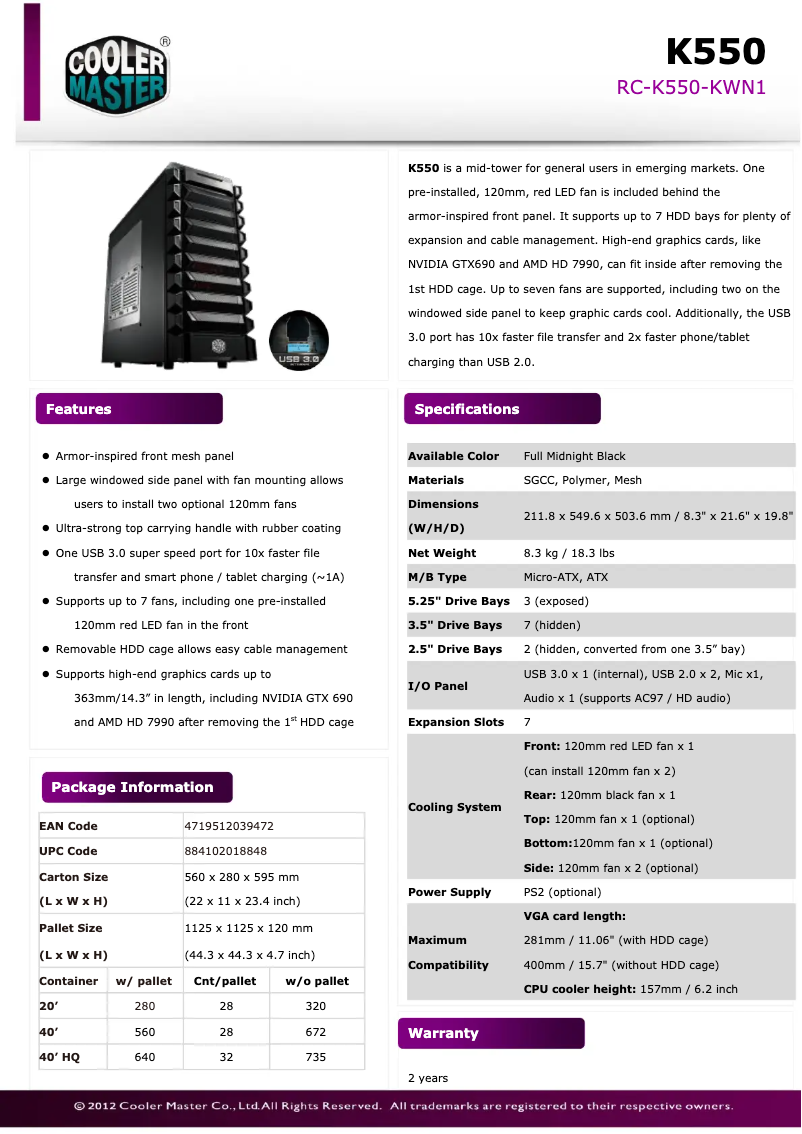 Page 1 de la notice Manuel utilisateur Cooler Master k550