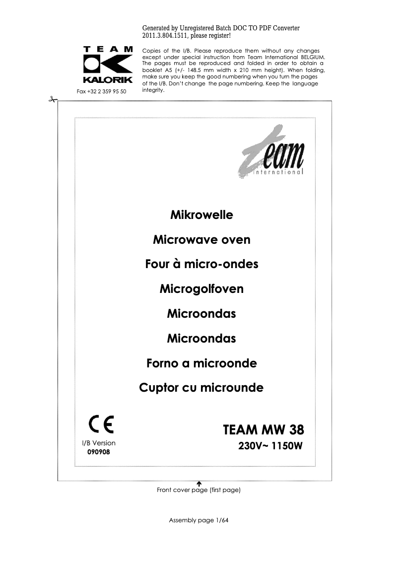 Page n°1 - Manuel utilisateur Team MW 38