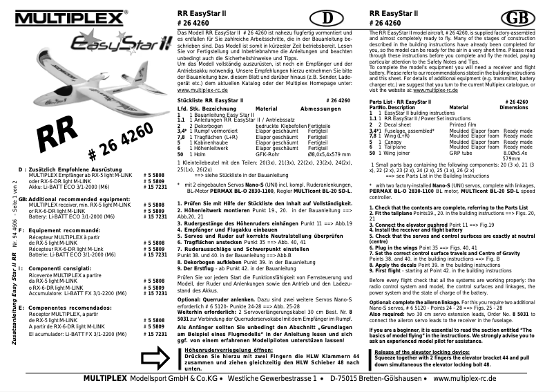 Image de la première page du manuel de l'appareil RR+ EasyStar II