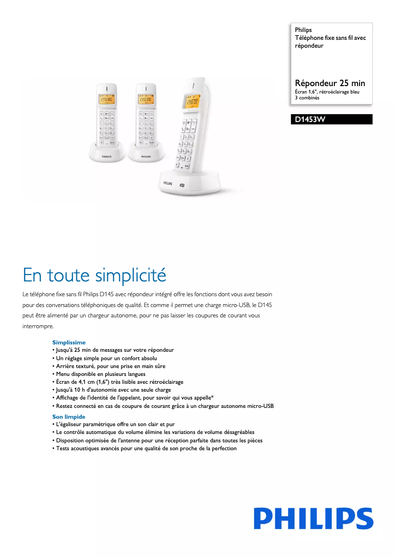 Page 1 of the manual Technical Sheet Philips D1453W
