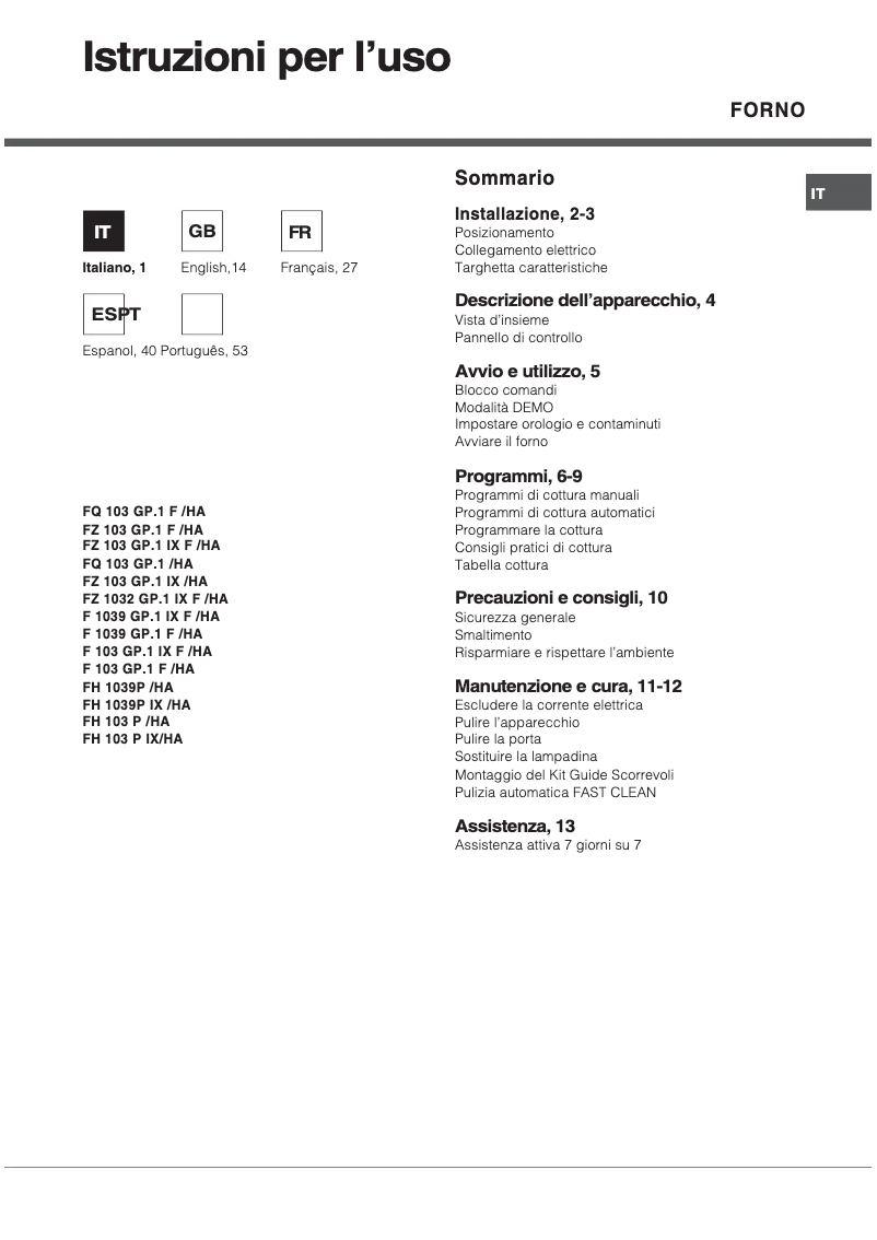Page n°1 - Manuel utilisateur Hotpoint Ariston FZ 1032GP.1 IX F /HA