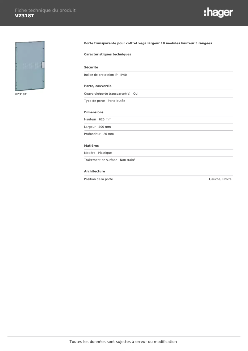 Page 1 de la notice Fiche technique Hager VZ318T