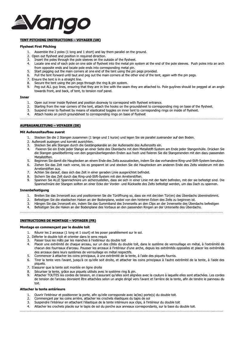 Page 1 de la notice Manuel utilisateur Vango Voyager 200