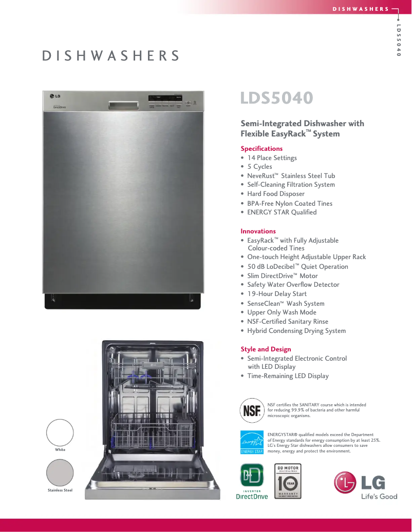 Page 1 de la notice Fiche technique LG LDS5040ST
