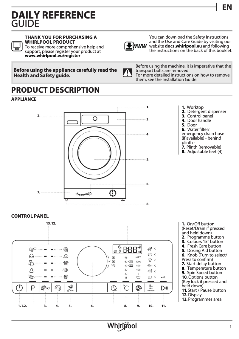 Page 1 de la notice Manuel utilisateur Whirlpool FSCR80410