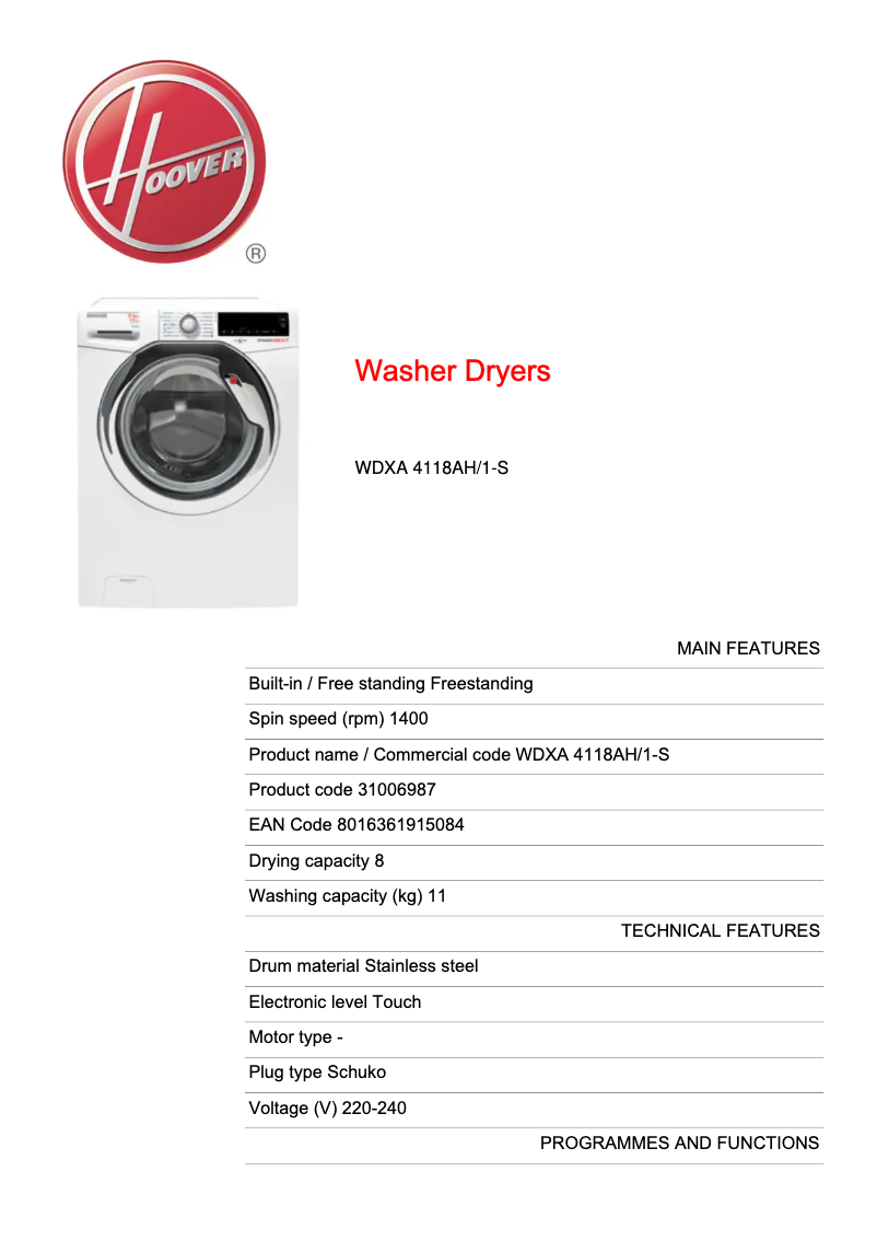 Page 1 de la notice Fiche technique Hoover WDXA 4118AH/1-S