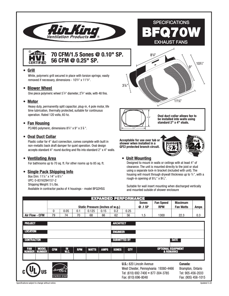 Page 1 de la notice Fiche technique Air King BFQ70W