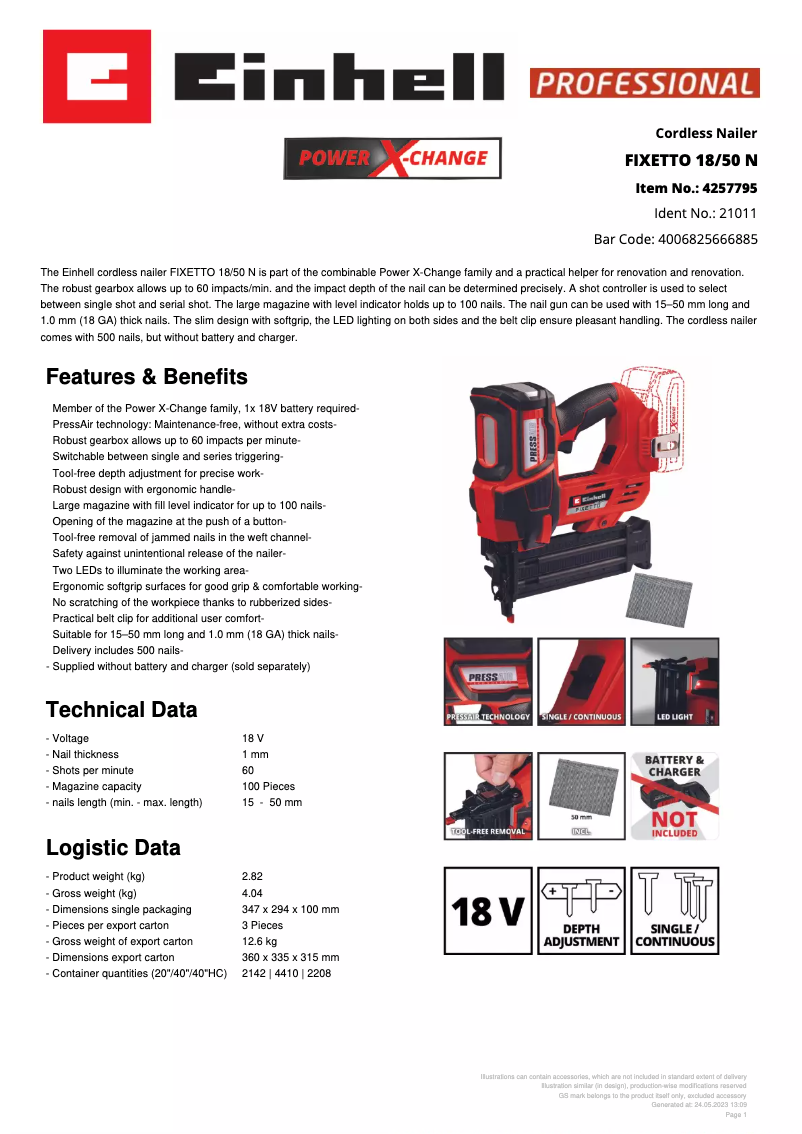 Page 1 de la notice Fiche technique Einhell FIXETTO 18/50 N
