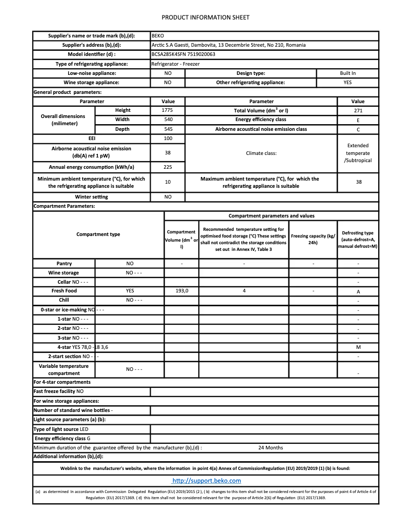 Page 1 de la notice Fiche technique Beko BCSA285K4SFN