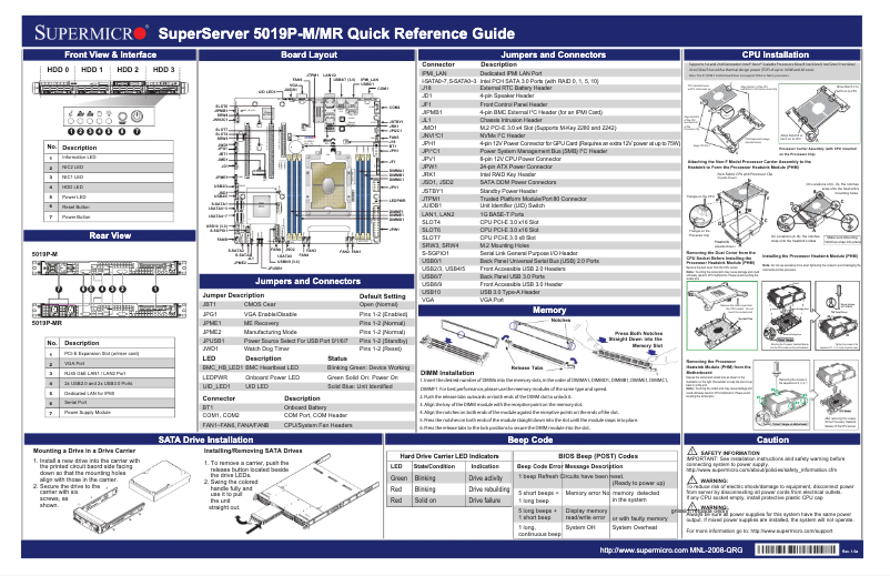 Page 1 de la notice Guide de démarrage rapide Supermicro SuperServer 5019P-MR
