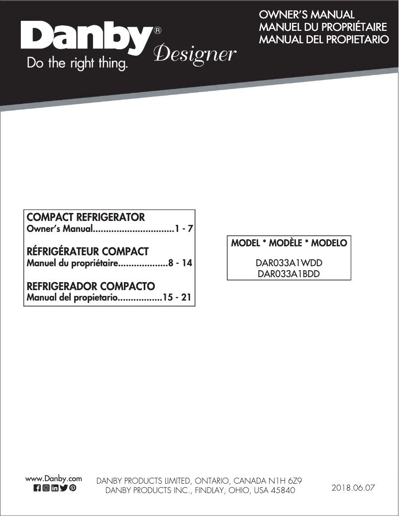 Page 1 de la notice Manuel utilisateur Danby DAR033A1BDD