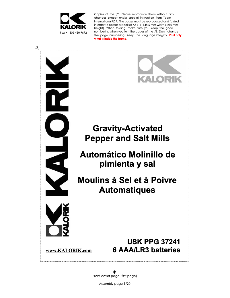 Page 1 de la notice Manuel utilisateur Kalorik USK PPG 37241 GM