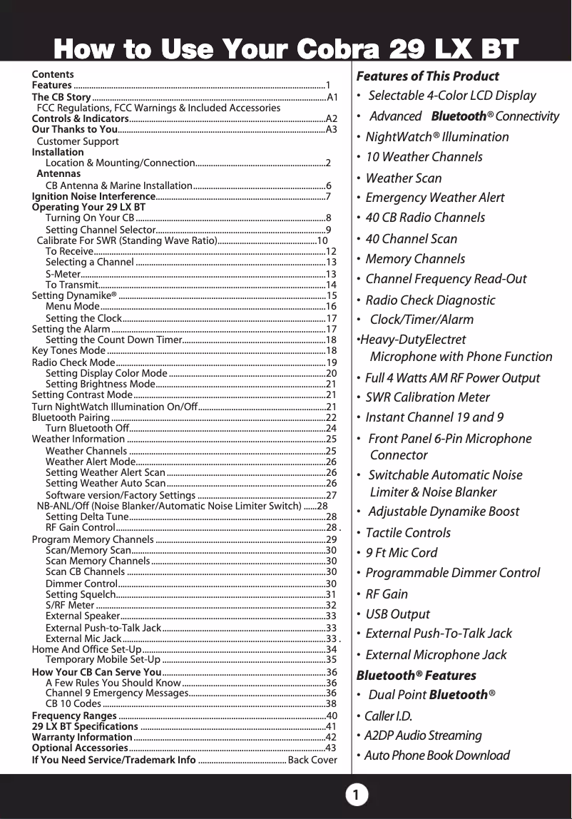 Page n°1 - Manuel utilisateur Cobra 29 LX BT
