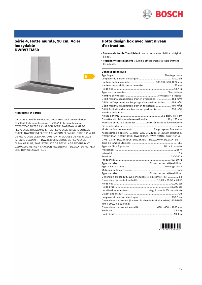 Page 1 of the manual Technical Sheet Bosch DWB97FM50