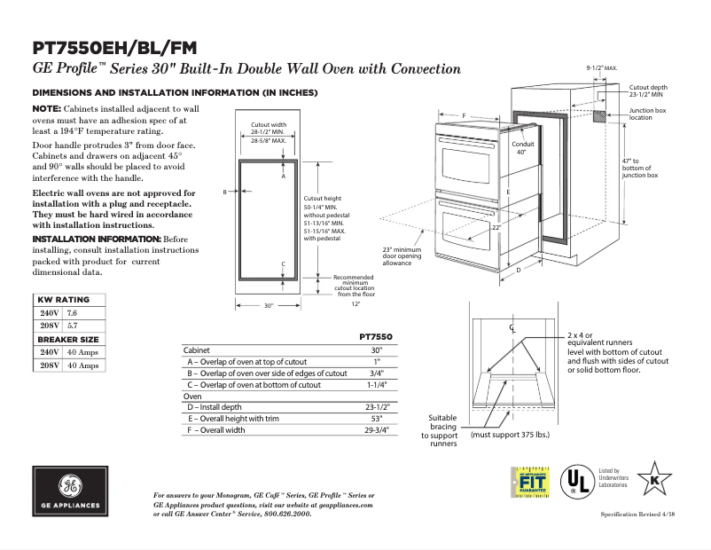 Page n°1 - Fiche technique GE Profile PT7550BLTS