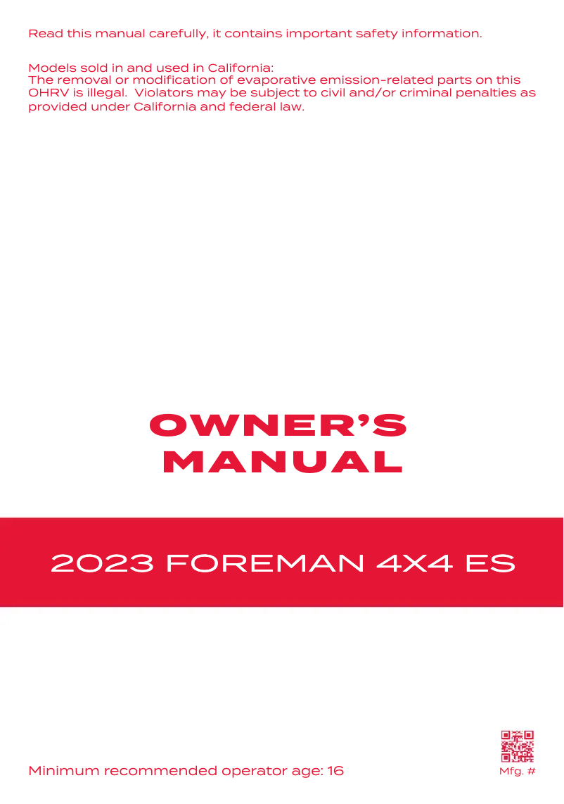 Image de la première page du manuel de l'appareil Fourtrax Foreman 4X4 (2023)