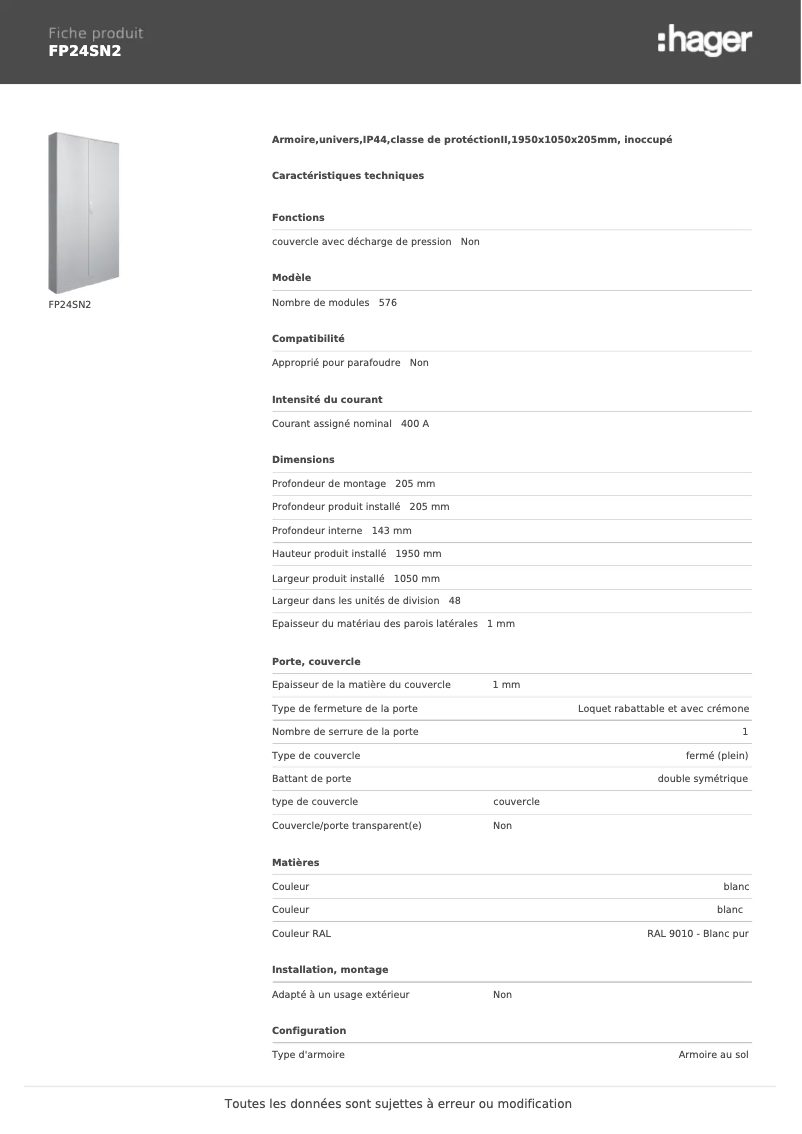 Page 1 de la notice Manuel utilisateur Hager FP24SN2