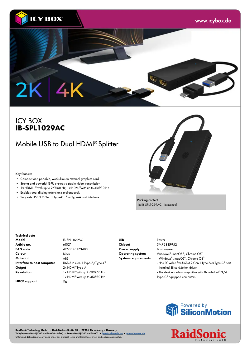 Page 1 de la notice Fiche technique Icy Box IB-SPL1029AC