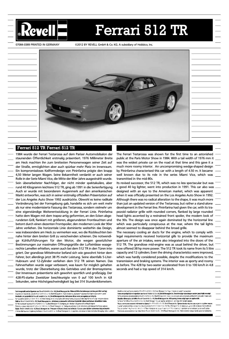 Image de la première page du manuel de l'appareil Ferrari 512 TR