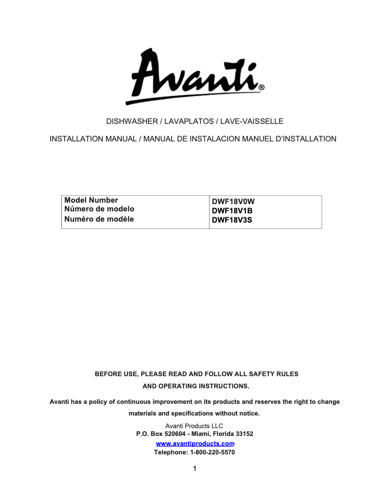 Page 1 de la notice Guide d'installation Avanti DWF18V3S