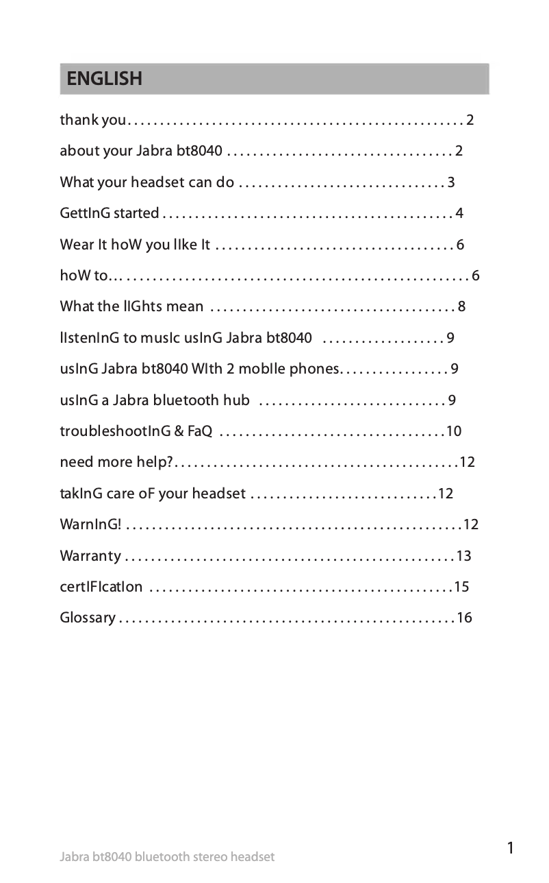 Page 1 de la notice Manuel utilisateur Jabra BT8040