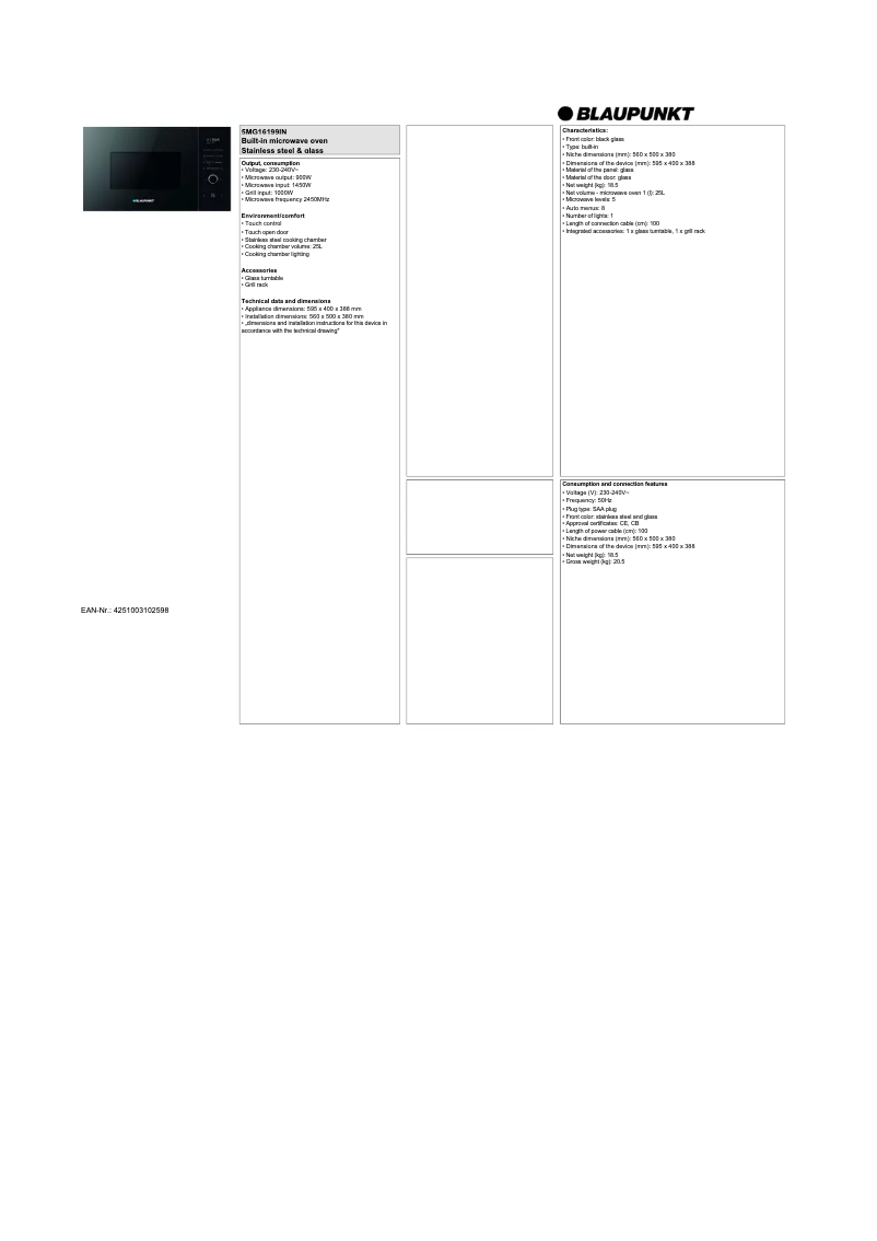 Page n°1 - Fiche technique Blaupunkt 5MG16199IN