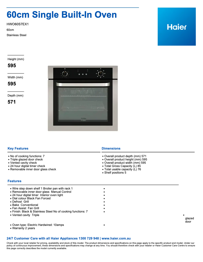 Page 1 de la notice Fiche technique Haier HWO60S7EX1