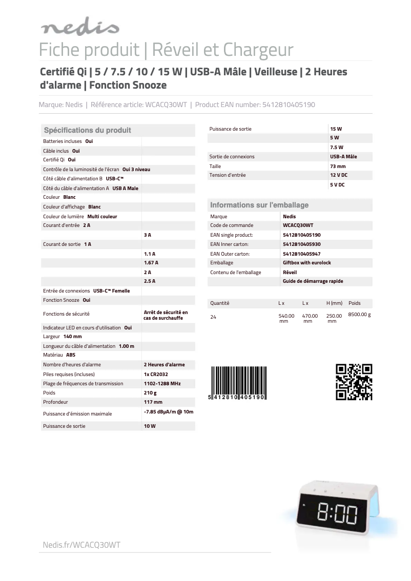 Page 1 de la notice Manuel utilisateur Nedis WCACQ30WT