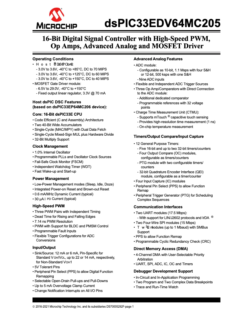 Page 1 de la notice Fiche technique Microchip dsPIC33EDV64MC205