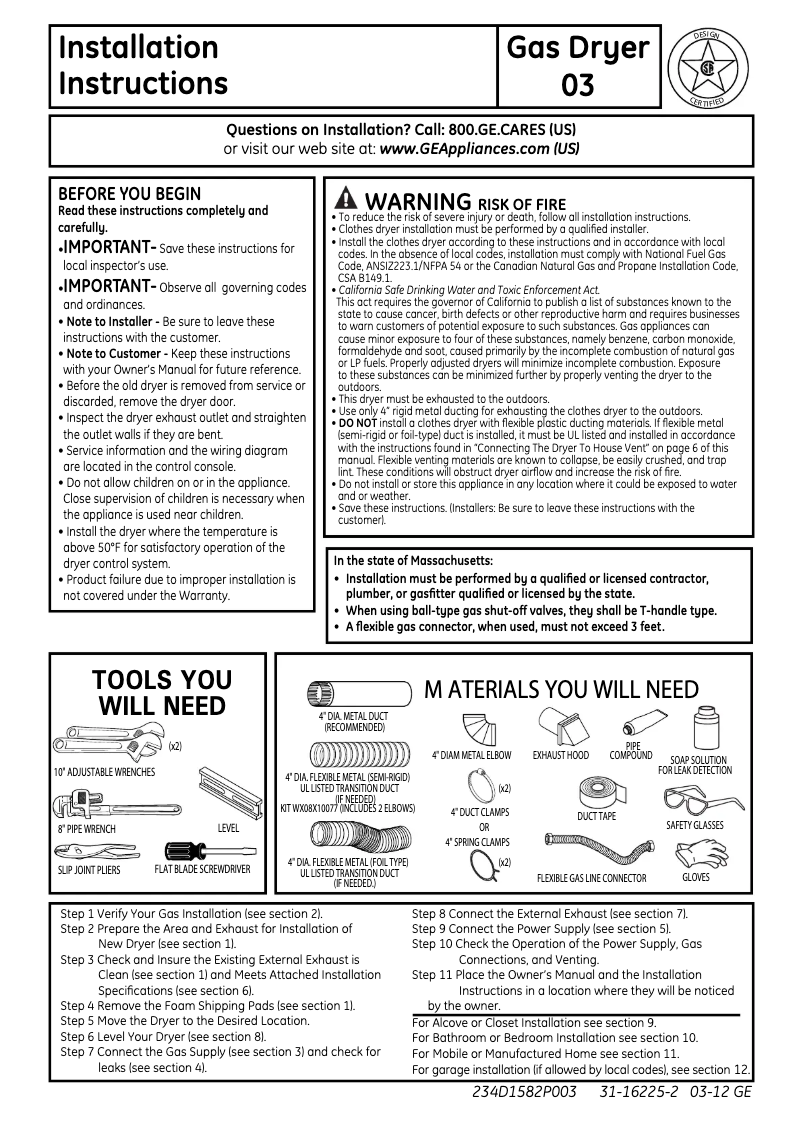 Page n°1 - Guide d'installation GE GTDN500GMWS