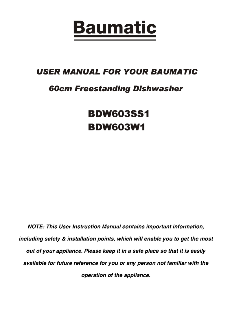 Page 1 de la notice Manuel utilisateur Baumatic BDW603SS1