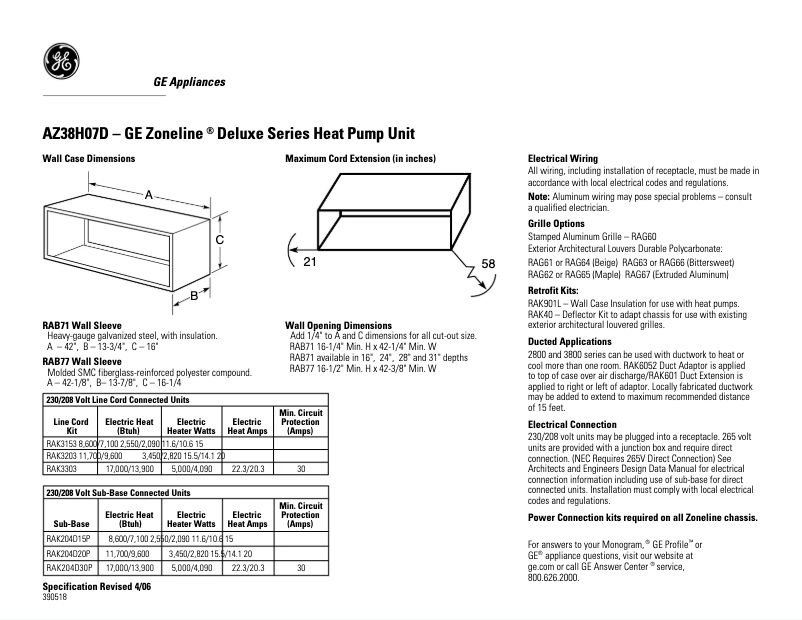 Page n°1 - Fiche technique GE AZ38H07DAC