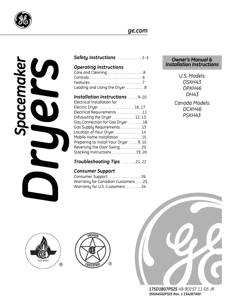 Page n°1 - Manuel d'utilisation et d'entretien GE Profile DPXH46GFWW