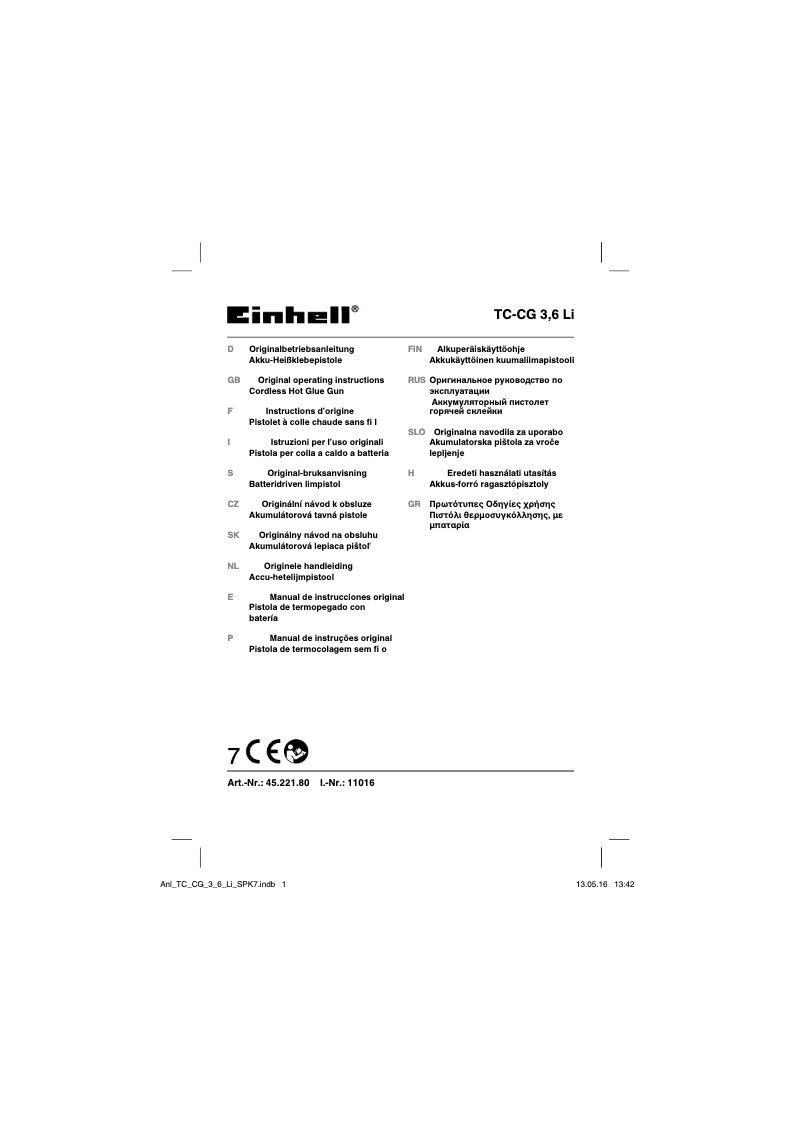Page 1 de la notice Manuel utilisateur Einhell TC-CG 3.6 Li