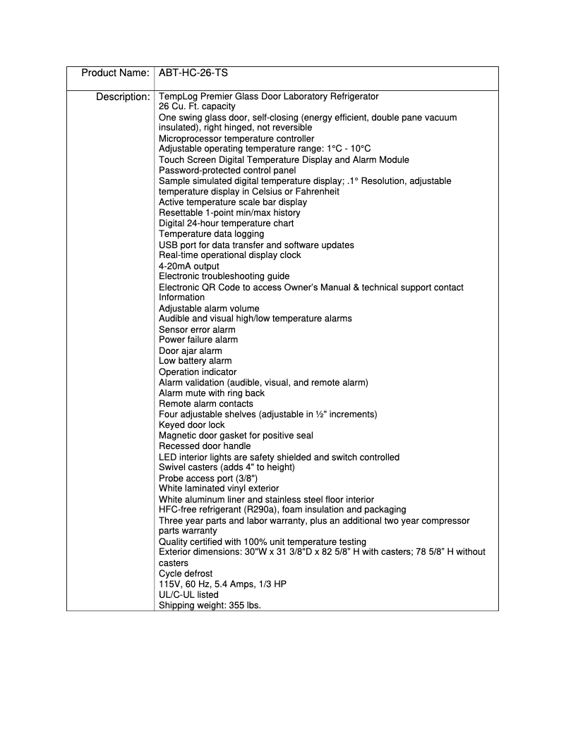 Page n°1 - Manuel utilisateur American BioTech Supply ABT-HC-26-TS