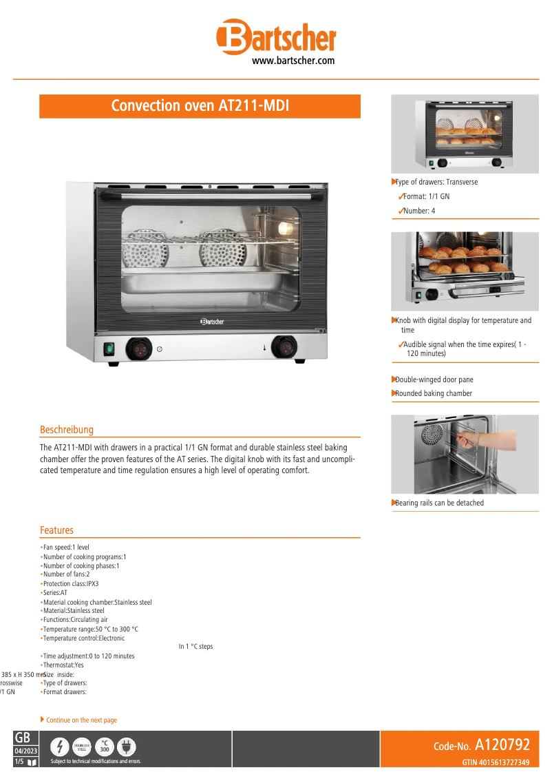 Página 1 del manual Ficha técnica Bartscher AT211-MDI