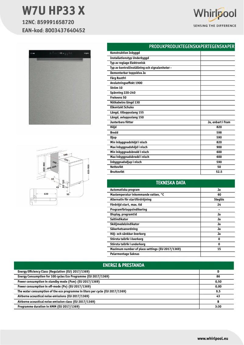 Page 1 de la notice Fiche technique Whirlpool W7U HP33 X