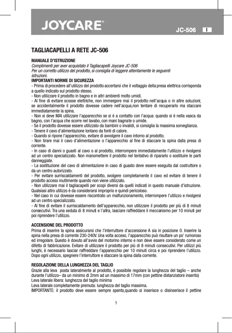 Page 1 de la notice Manuel utilisateur Joycare JC-506