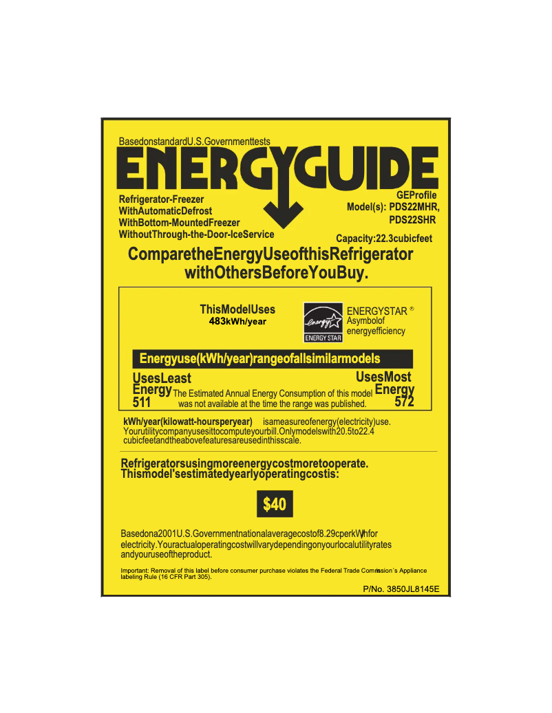 Page n°1 - Label énergétique GE Profile PDS22MHRBB