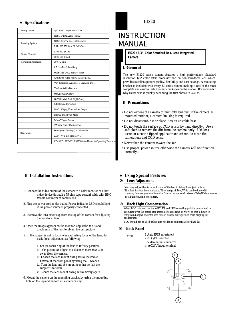 Page n°1 - Manuel utilisateur EverFocus EI220